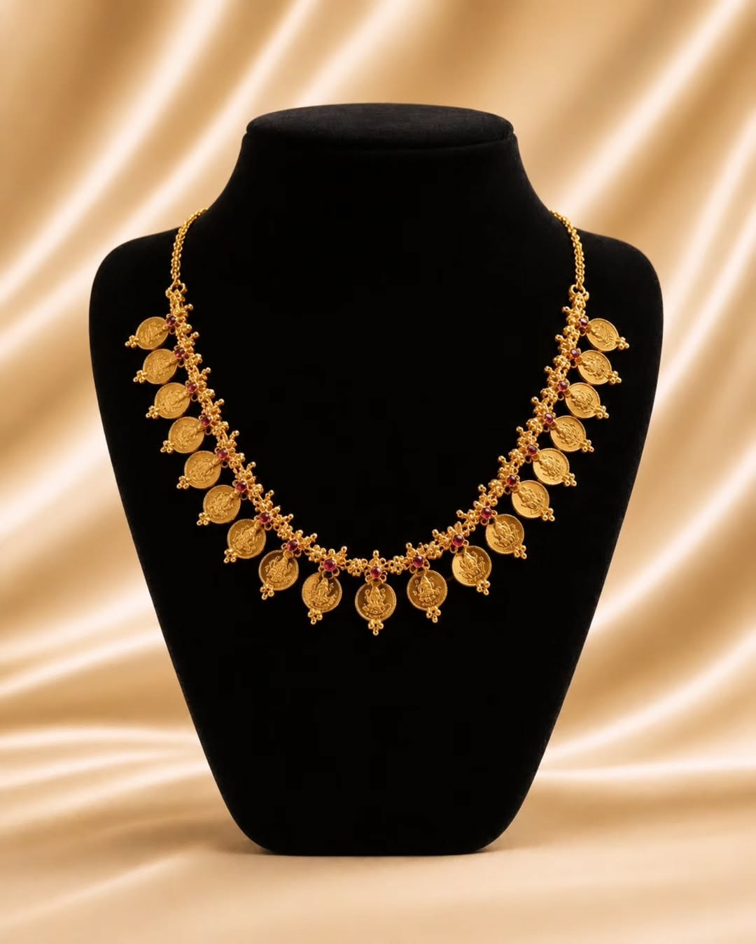 NIHA gold-tone coin necklace displayed on a black jewellery stand