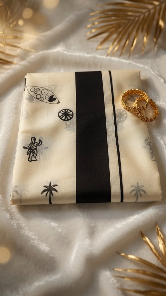 NIHA Onam Mood Saree, NBS-014, with black motifs on cream fabric